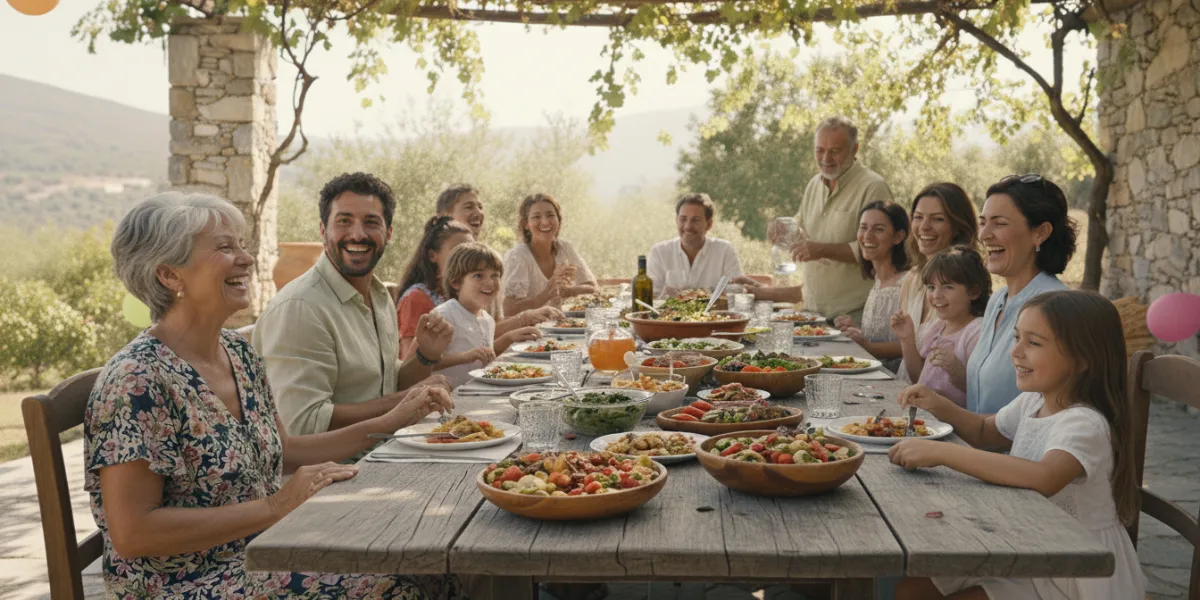 . Ambiance de repas de famille en plein air sur une terrasse en pierre d'Ikaria, Grèce, sous une per