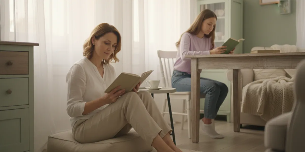 Plan moyen intime d'une femme (48 ans) assise calmement sur un coussin en lin beige, elle est en tra