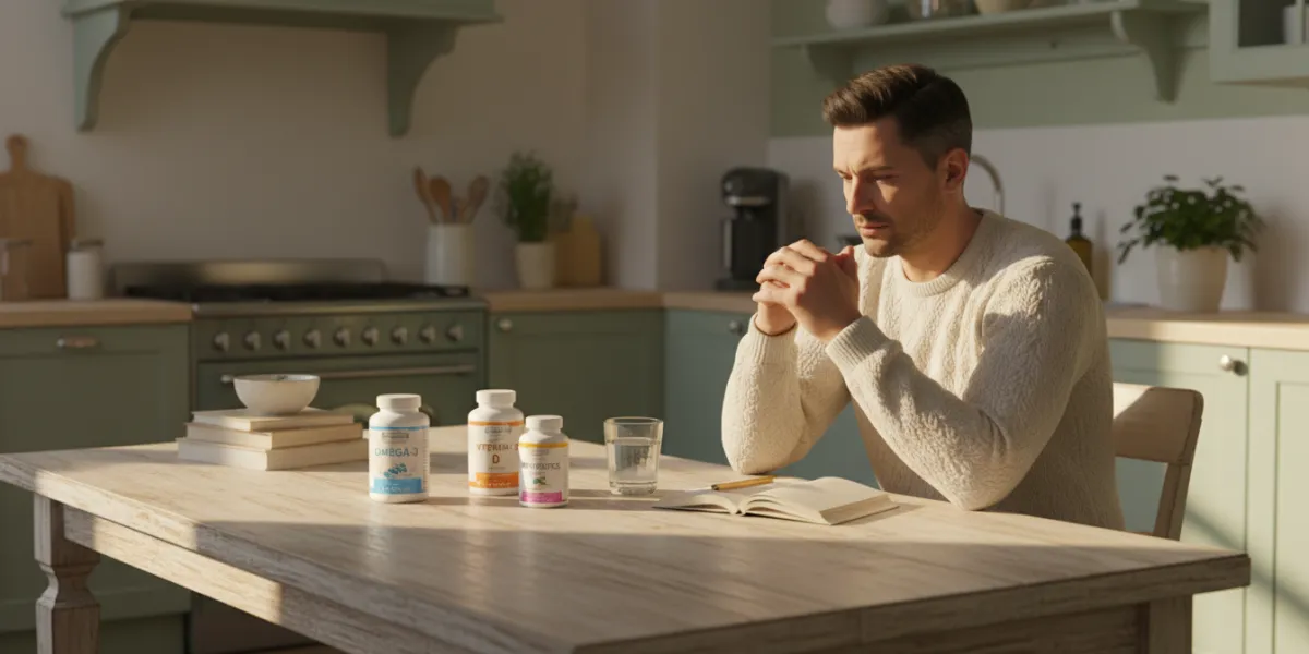 un homme assis devant une table de cuisine en bois clair et patiné, inondée par la lumière du matin 