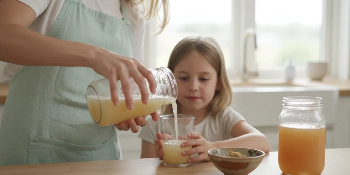 . Un plan rapproché (medium close-up) capturant une scène matinale dans une cuisine minimaliste et l