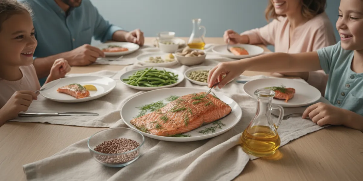 . Plan large en contre-plongée légère d'une table de salle à manger familiale illuminée par un éclai