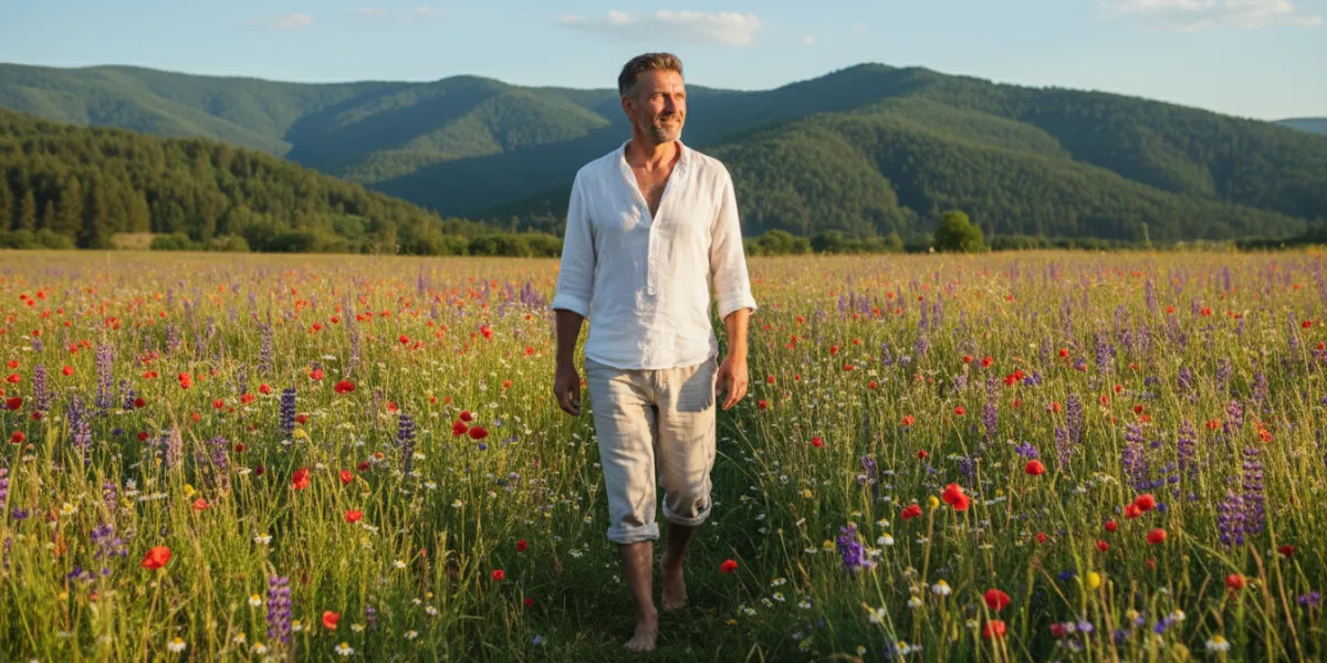 un homme de 45 ans marche pied nus dans un pré fleuri. en arrière plan, un paysage ensoleillé de mon