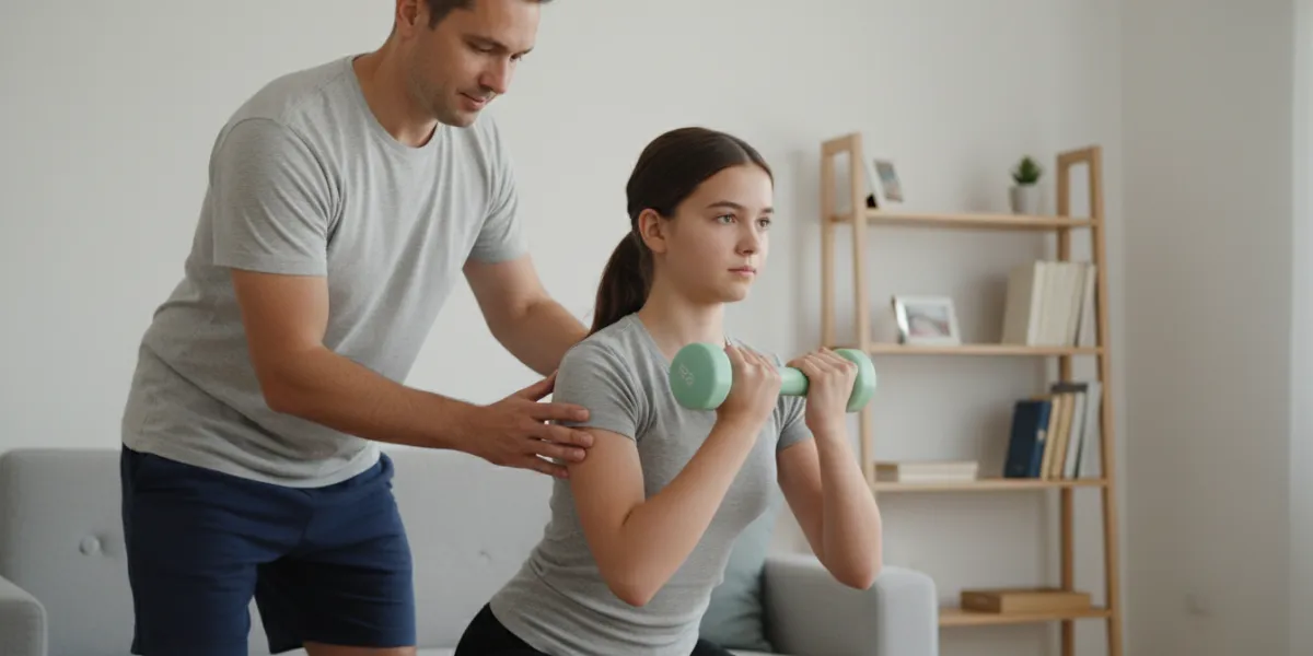 Un plan moyen (medium shot) capturant une scène de coaching familial douce et concentrée. Un père d'