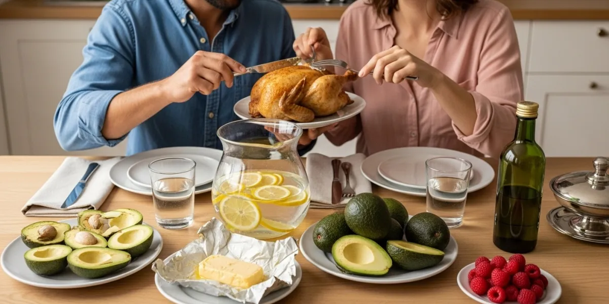 un homme et une femme mangent un poulet, sur la table, il y a de l'eau, des avocats, du beurre, une 