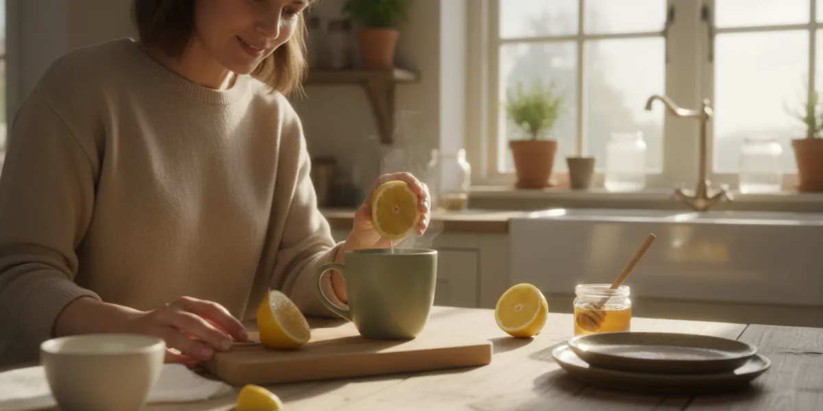 Un plan large et chaleureux capturant une scène matinale dans une cuisine de style cottage. Une femm