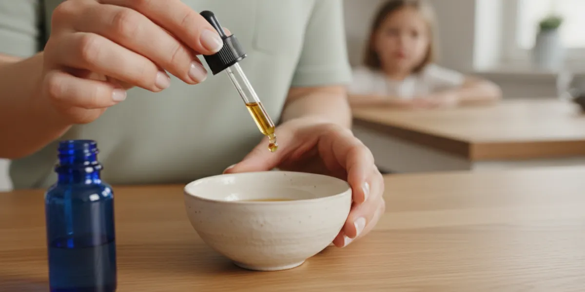 . Un plan rapproché (medium shot) capturant les mains d'une mère aux ongles soignés, délicatement in