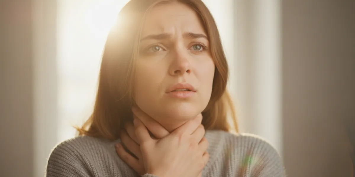 Une jeune femme se tient la gorge

Modifications: couleurs plus vives et arrière plan ensoleillé