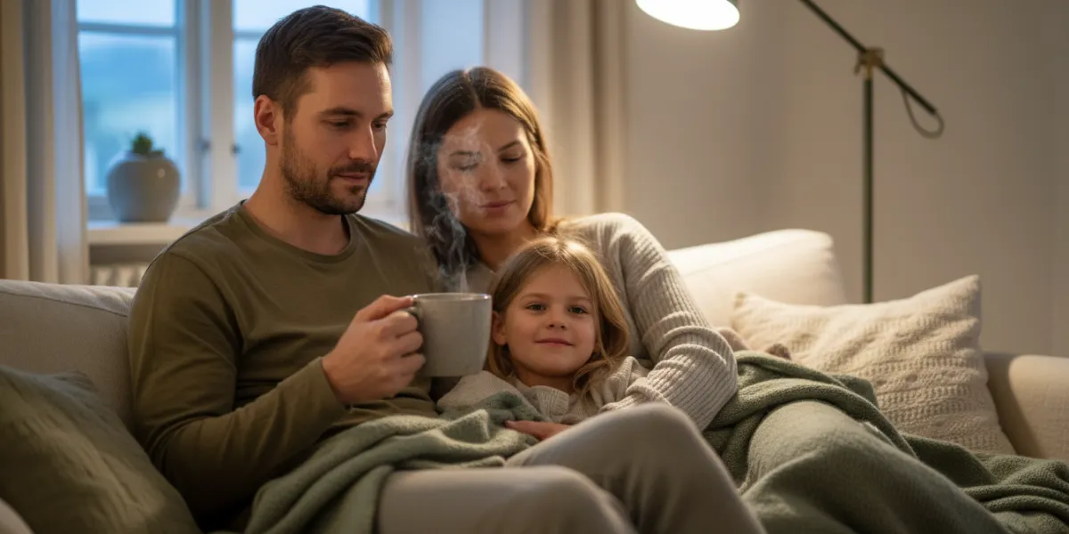 Un plan moyen d'une famille — un père, une mère, et leur jeune enfant, âgé de six ans — confortablem