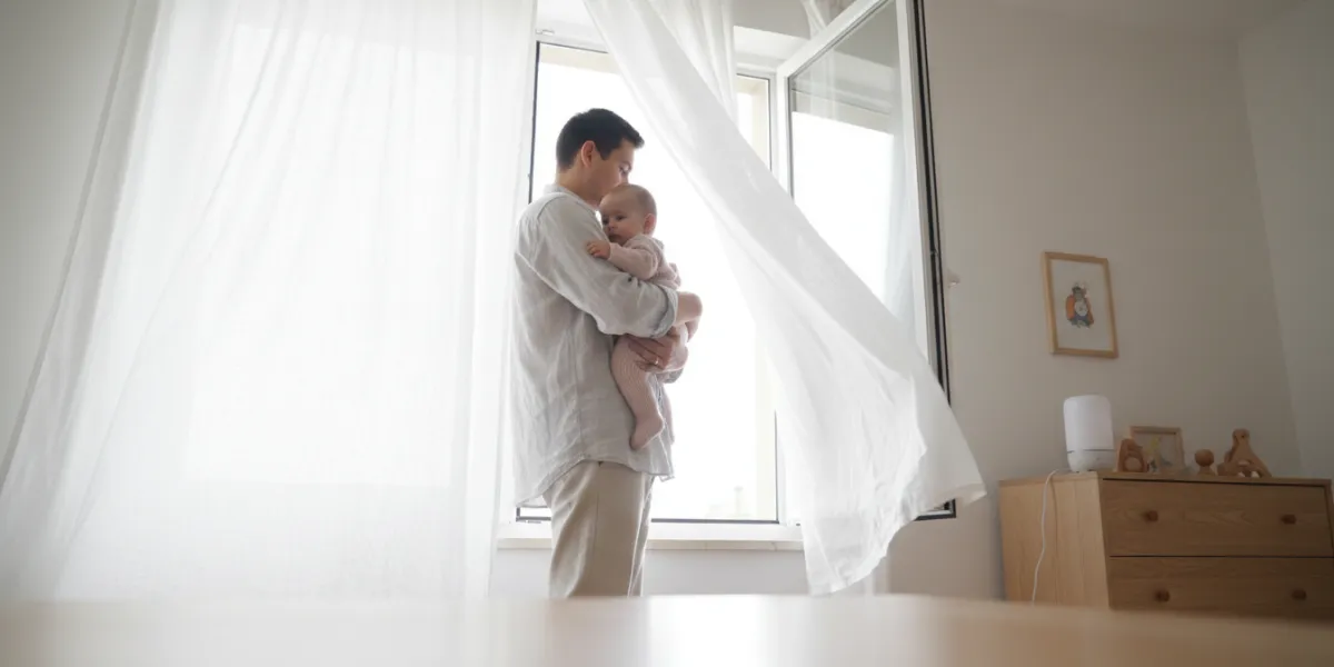 Perspective en contre-plongée, regardant vers une fenêtre ouverte dans une chambre d'enfant aérée. U