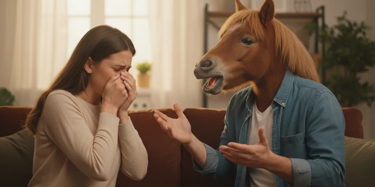 deux personnes assises sur un canapé, un homme et une femme. La femme se bouche le nez et l'homme pa