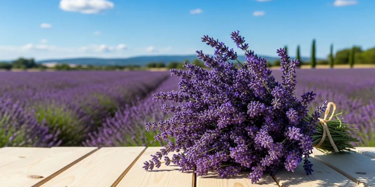 un beau bouquet de lavande sur une table en chêne, en arrière plan, un champ de lavande et un paysag