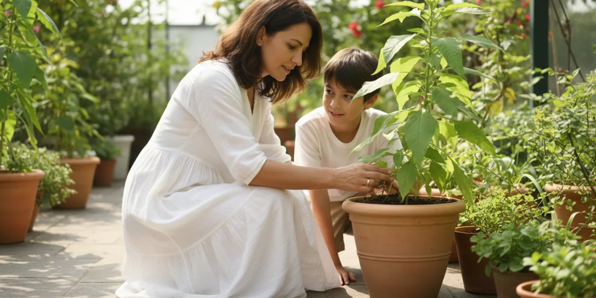 Plan Moyen (Eye-level shot) d'une mère (début de quarantaine) et de son enfant (environ 10 ans) inte