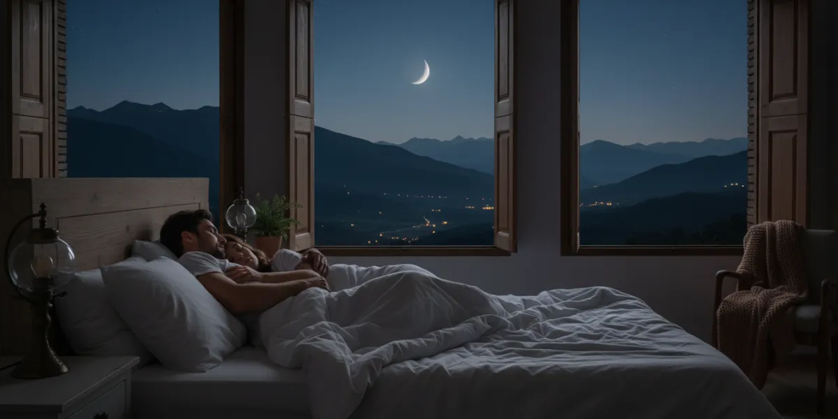 plan large d'un couple endormi dans son lit. La chambre a les volets ouverts et au lointain on devin