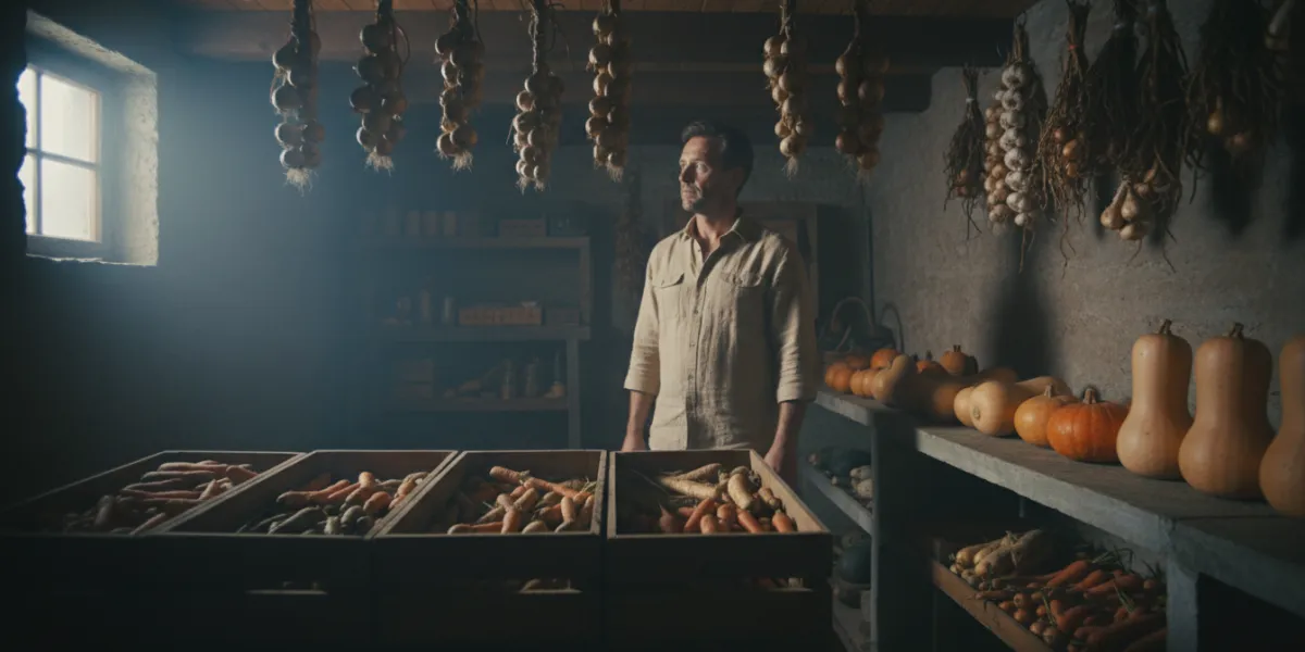 Un plan large cinématographique capturant l'intérieur d'un cellier frais et sombre, lieu idéal de co