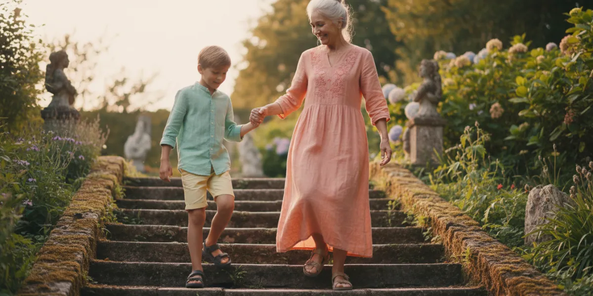 Un plan moyen dynamique, pris en légère contre-plongée, montrant une femme d'une soixantaine d'année