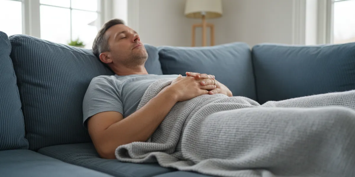 . Vue en contre-plongée subtile (Low-angle shot) d'un homme (quarantaine) allongé sur un canapé prof