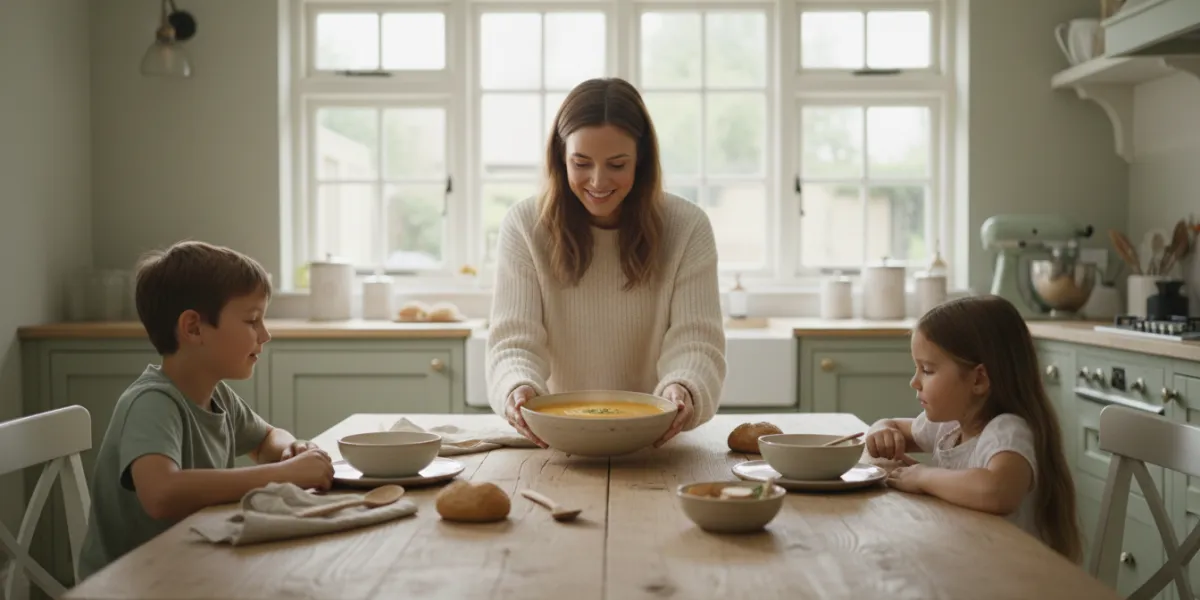 Plan large d'une cuisine familiale lumineuse et aérée, décorée de tons pastel de vert sauge et de bl