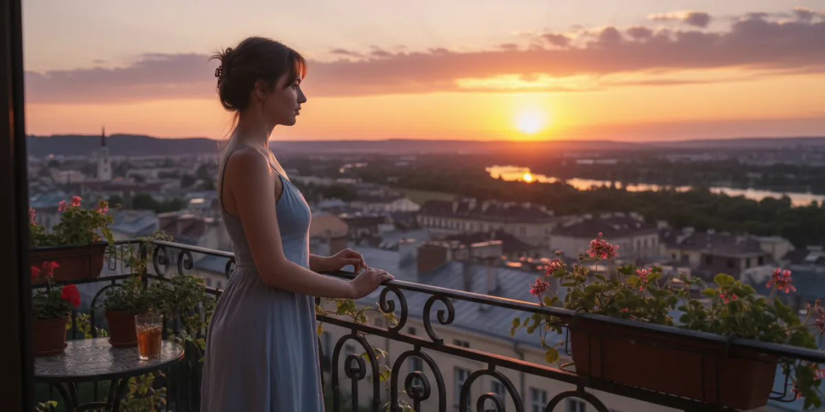 Plan moyen d'une jeune femme à son balcon. Elle regarde au loin le paysage. Au loin un coucher de so
