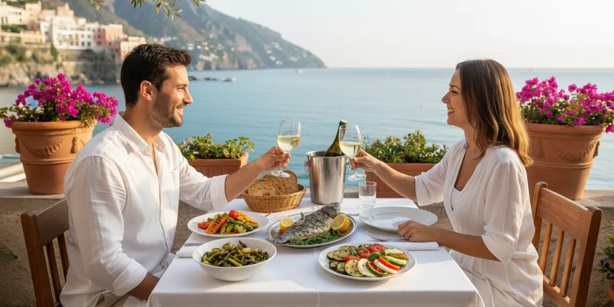 un couple déjeune en terrasse d'un restaurant en bord de mer. Sur la table, poissons et légumes vert