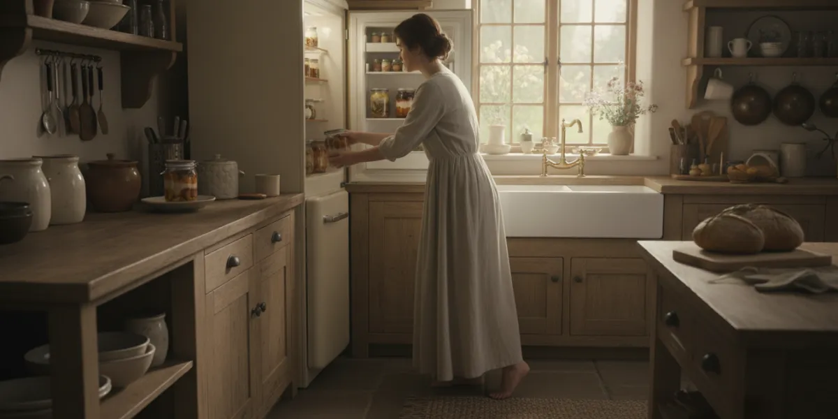 dans une cuisine rustique, une femme se penche vers son réfrigérateur pour y prendre un pot de yaour