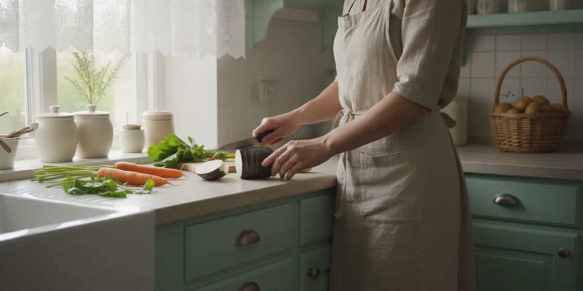 . Plan moyen fixe, pris au niveau des yeux, d'une cuisine rustique aux teintes pastel de vert menthe