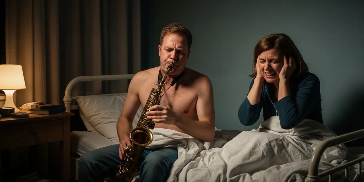 un homme dans un lit joue du saxophone, à ses côtés une femme essaie de dormir et se bouche les orei