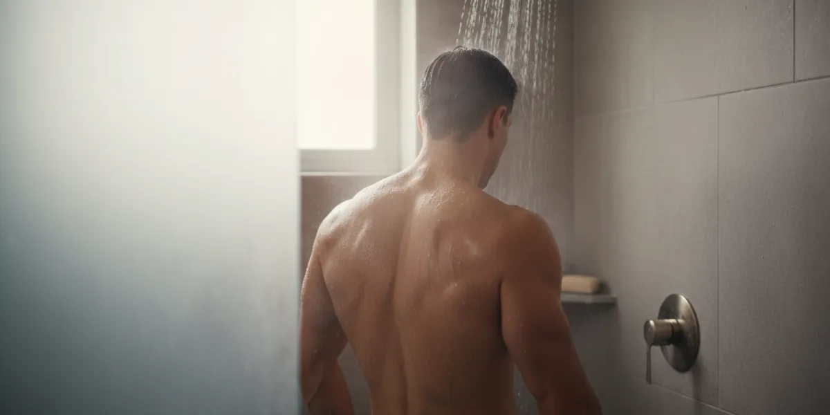 plan moyen d'un homme musclé vu de dos en train de prendre sa douche