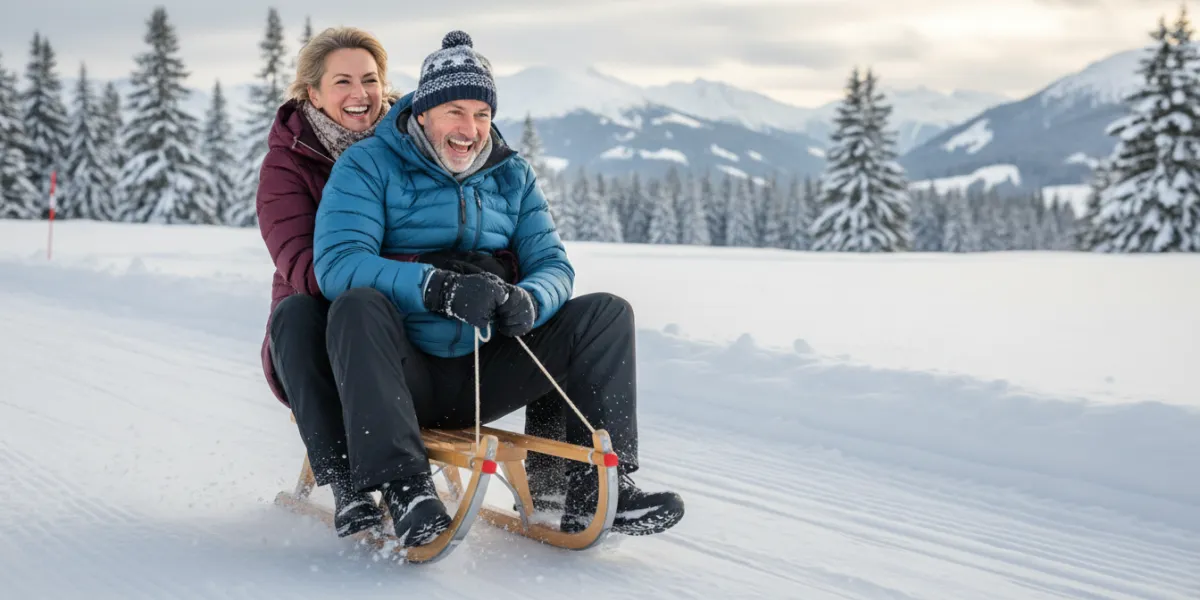 un couple agé de 50 ans sur une luge dévalle ensemble une pente enneigée