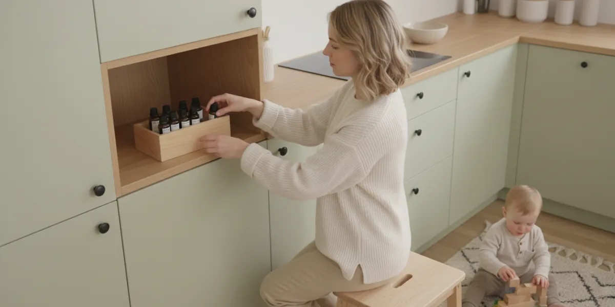 Un grand plan américain capturant une scène de sécurité familiale dans une cuisine lumineuse. Une je