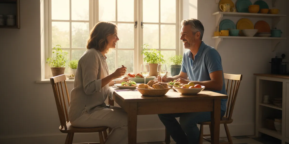 Un couple de quarante ans déjeune dans une cuisine ensoleillée