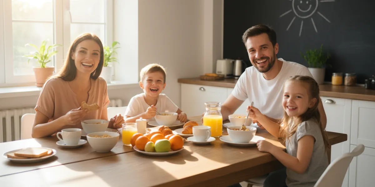 une famille souriante en train de prendre un petit déjeuner