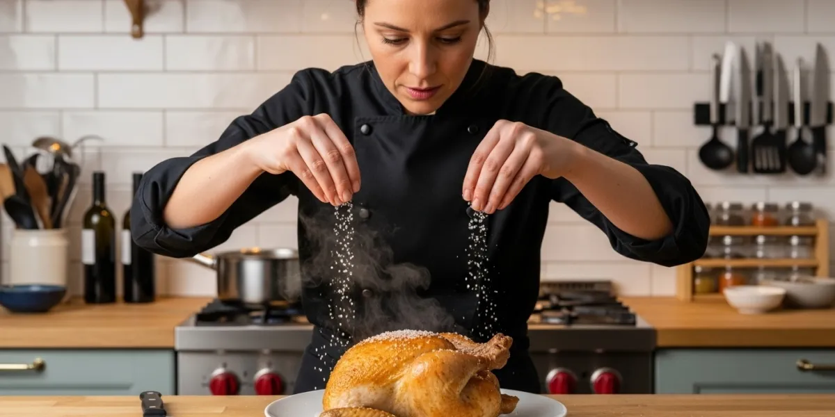 dans une cuisine, une jeune femme sale un plat contenant un poulet roti en utilisant une saliere dan