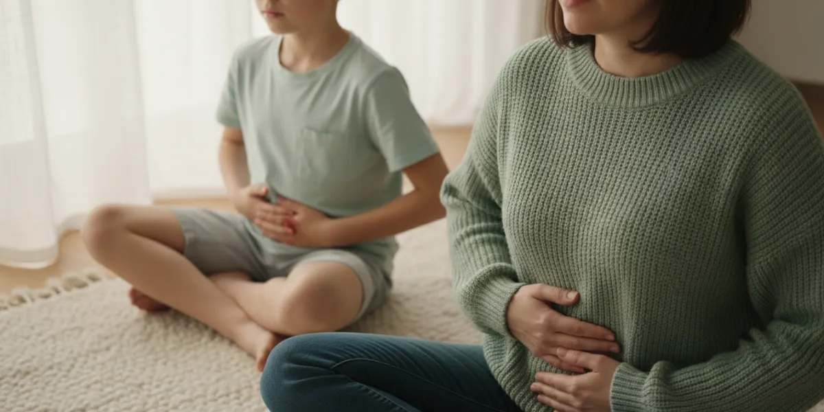 A mother s'assoit en tailleur sur un tapis tissé de couleur ivoire, son jeune fils (environ 8 ans) e