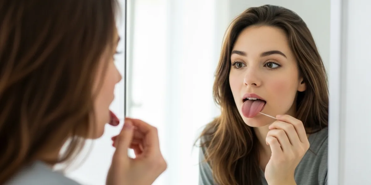 une jeune femme se regarde dans le miroir. Elle tire la langue pour voir si sa langue est chargée
