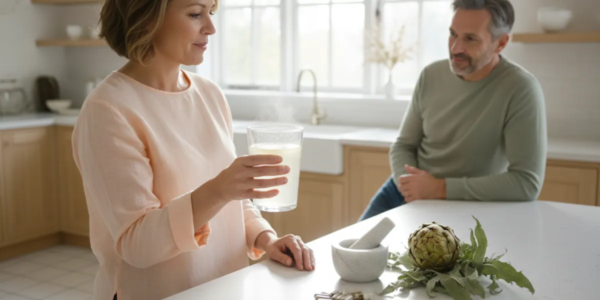 Une scène matinale calme dans une cuisine en bois clair et carrelage blanc. Une femme d'environ 45 a