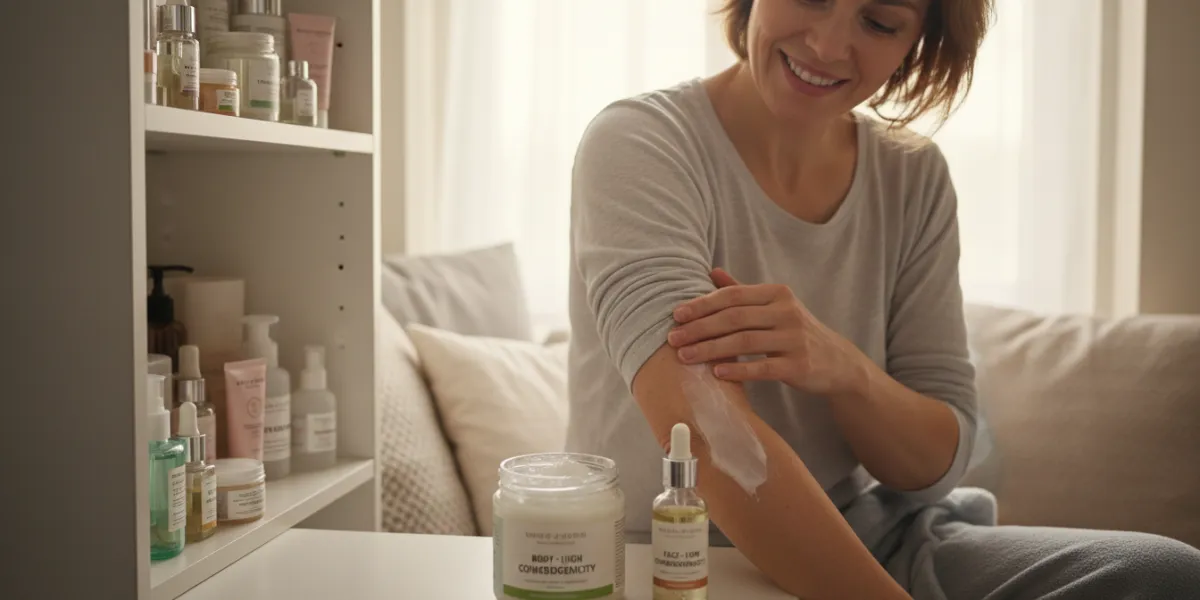 Un homme ou une femme (30-40 ans) avec une expression de contentement, dans un coin confortable de s