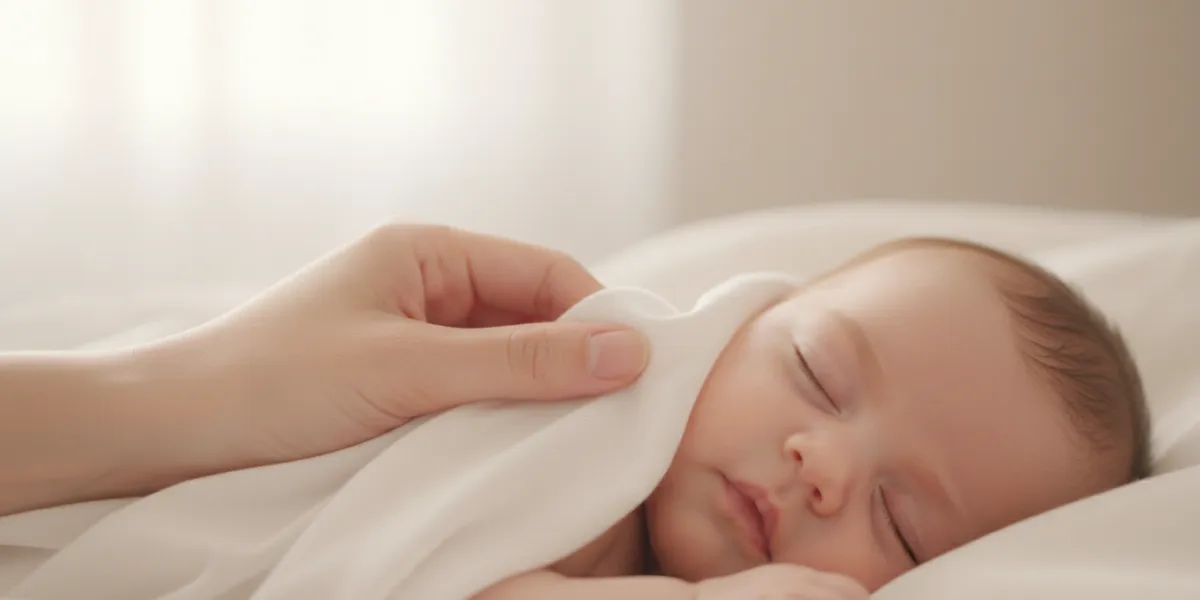 Gros plan sur les mains d'une mère tenant délicatement un tissu de coton blanc, le faisant glisser c