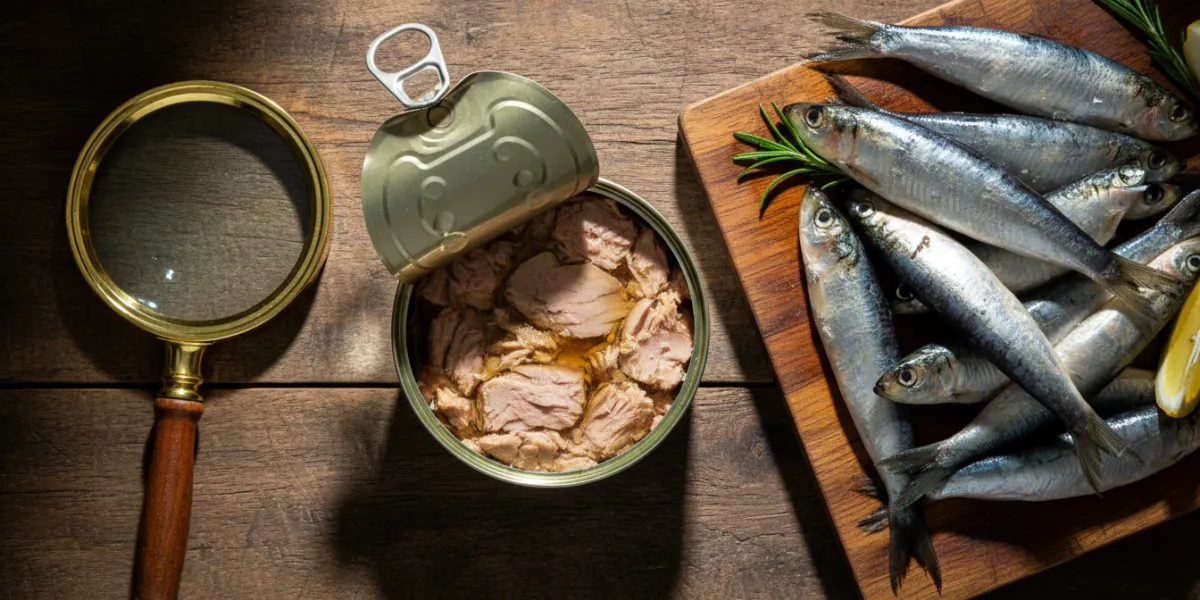 Hyper-realistic top-down shot on a rustic wooden kitchen table. An open tin of tuna fish in the cent