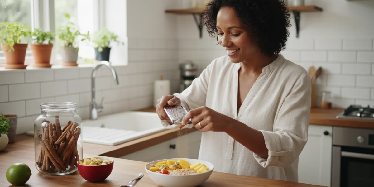 Une femme martiniquaise d'une quarantaine d'années, souriante et sereine, prépare son petit-déjeuner