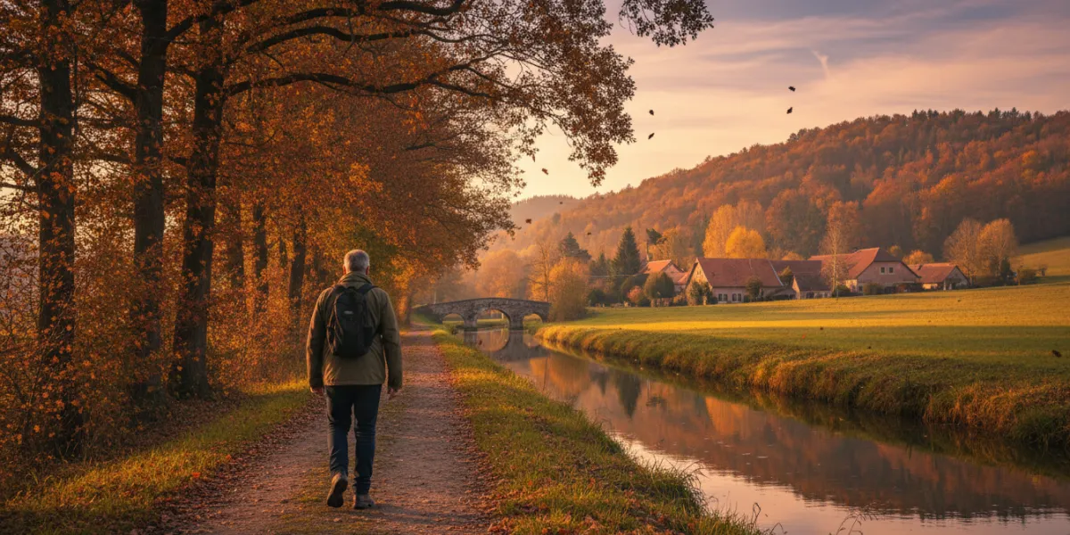 plan moyen d'un paysage de campagne en automne. On aperçoit un homme d'une quarantaine d'années qui 