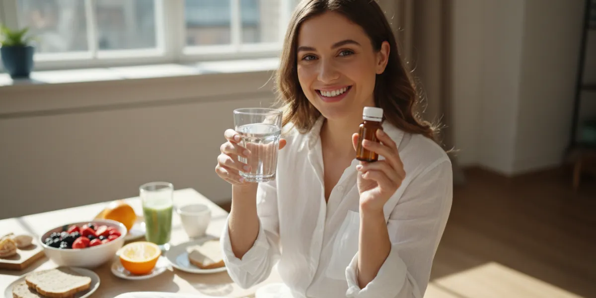 medium shot, bright morning atmosphere, holding a glass of water and a small amber medicine bottle w