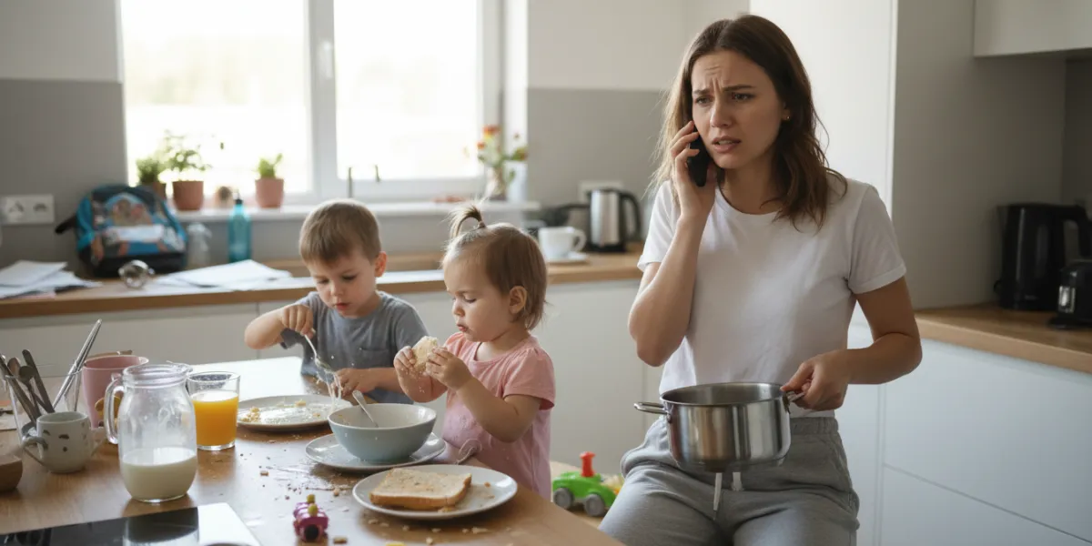 photo réaliste d'une jeune femme chez elle stressée. Elle parle au téléphone tout en s'occupant de s