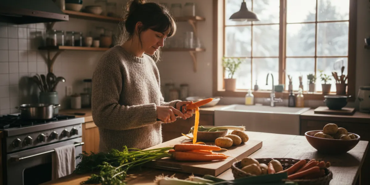 une femme dans sa cuisine en train d'éplucher des légumes d'hiver : carottes, poireaux, pommes de te