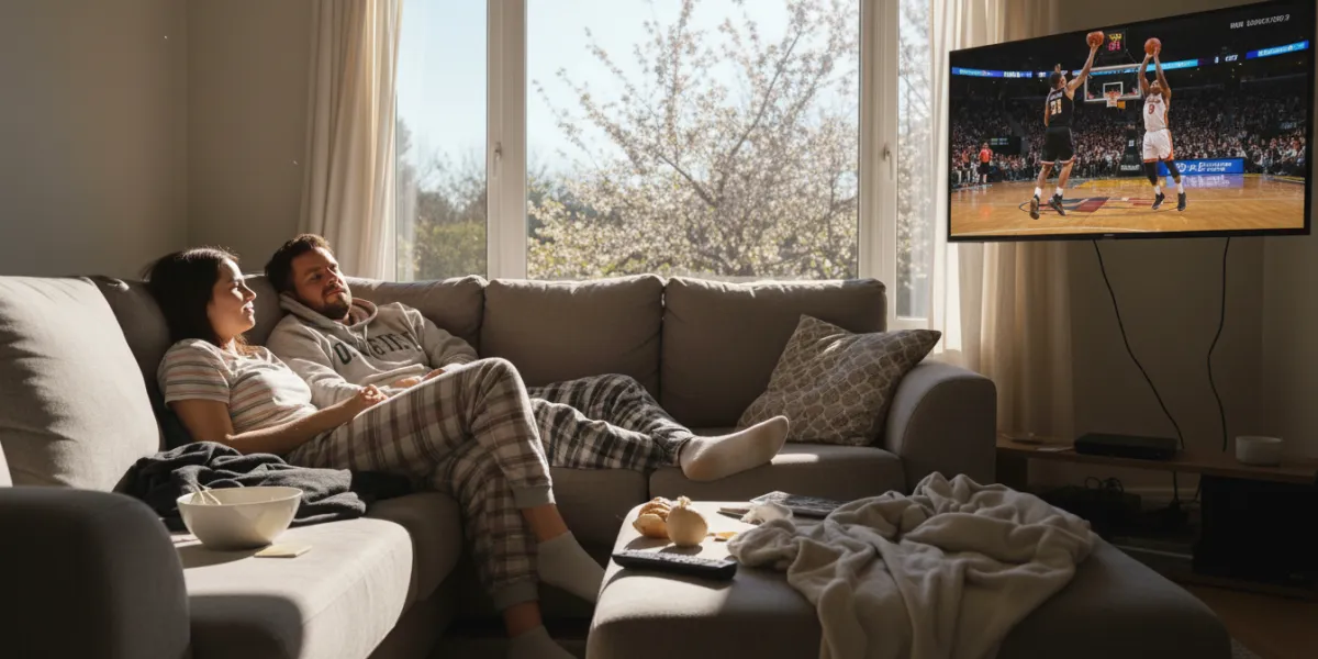 un couple de 35 ans avachi dans un canapé. Ils sont encore en pyjamas et en train de regarder la tél