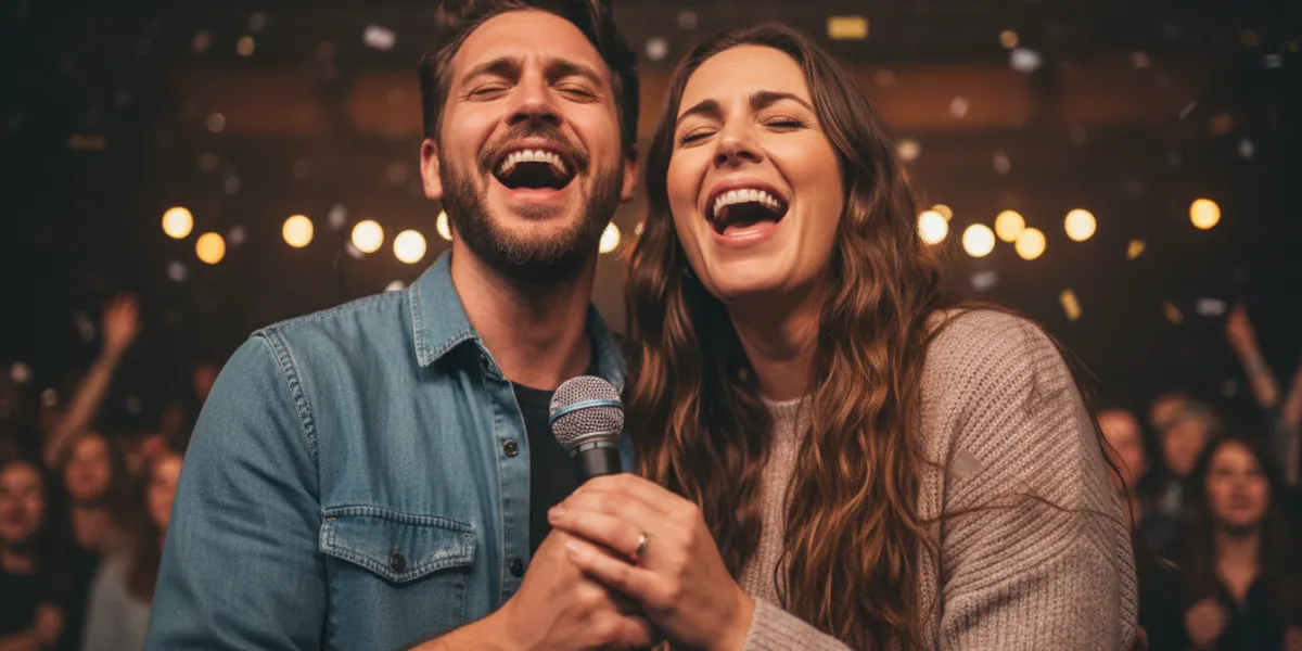 plan serré en leger contre-plongé sur un couple d'une trentaine d'années, ils chantent
