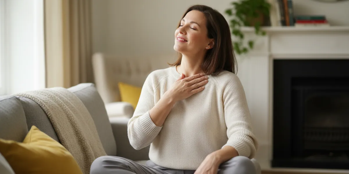 Photographie réaliste et lumineuse d'une femme de 35 ans dans un salon confortable et ensoleillé. El