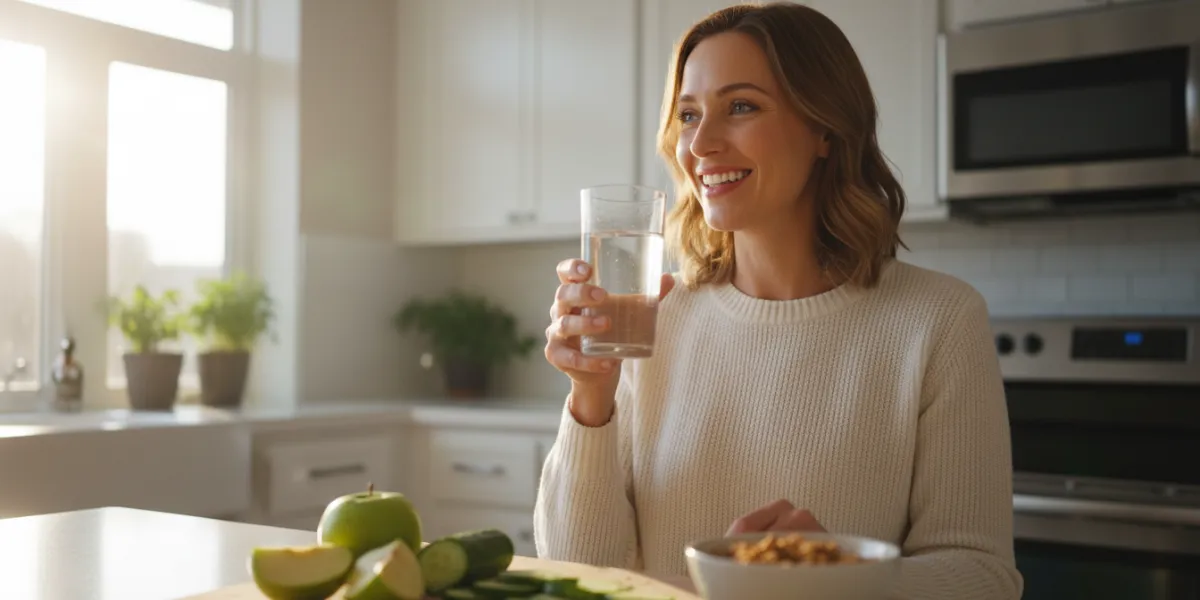 Lifestyle photography of a happy senior woman in a bright modern kitchen, holding a glass of fresh w