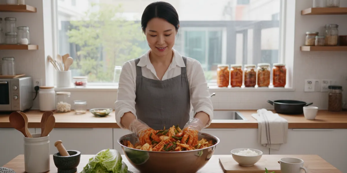 dans une cuisine, une femme coréene prépare du kimchi