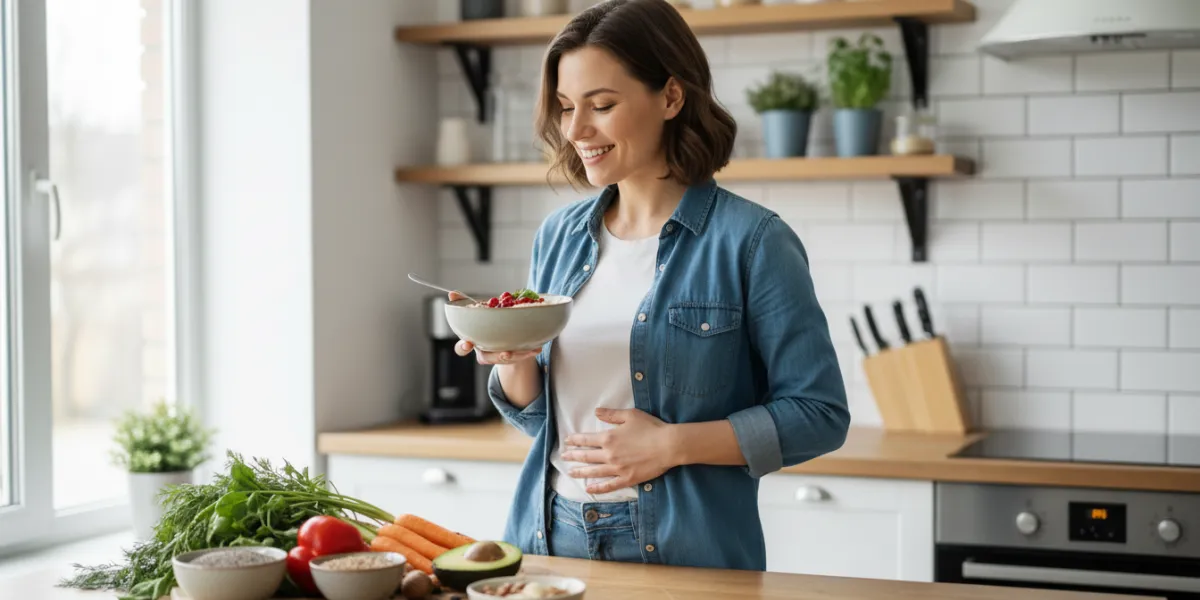 Une photographie lumineuse et naturelle de style 'lifestyle', montrant une femme de 35 ans souriante