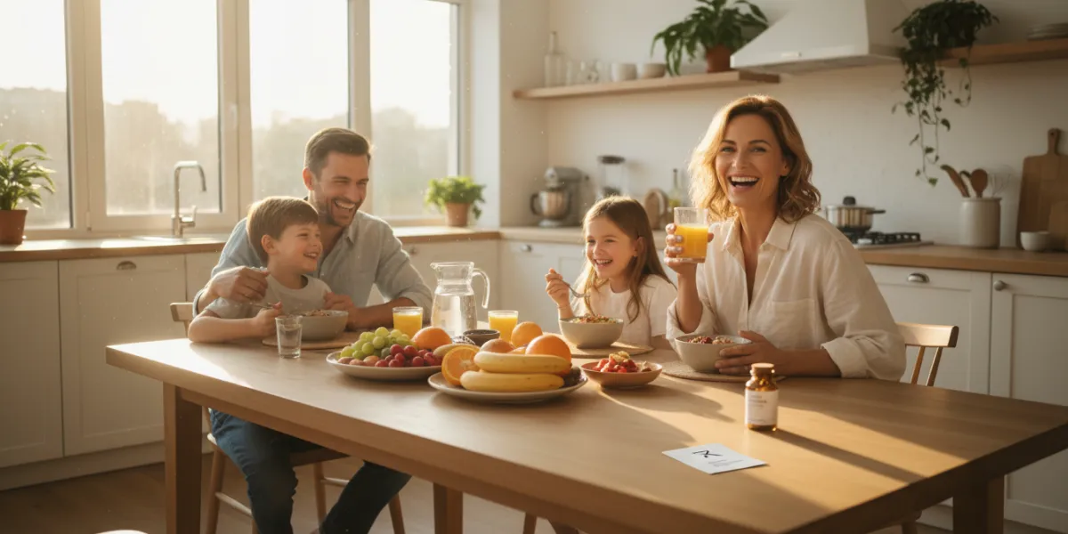 A candid, warm lifestyle photography of a happy, healthy family in a sunlit modern kitchen having br